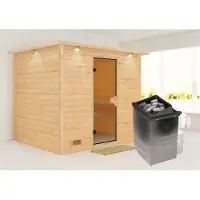 Karibu Sauna Innensauna Sonara Fronteinstieg Ofen 9 kW integr. Strg 259x210x206 cm mit Dachkranz mit Bronzierter Tür