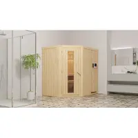 Karibu Sauna Innensauna Saja Eckeinstieg Ofen 3,6 kW externe Strg.easy 196x151x198 cm ohne Dachkranz mit Energiespartür