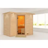 Karibu Sauna Innensauna Sahib 2 Eckeinstieg ohne Zubehör 264x198x214 cm mit Dachkranz mit Bronzierter Tür
