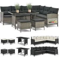 Juskys Polyrattan Lounge Manacor - Sofa, Tisch, Hocker & Kissen - Grau-meliert & Grau