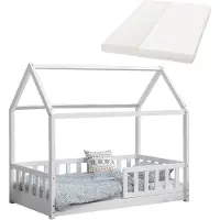 Juskys Kinderbett Marli 80 x 160 cm mit Matratze, Lattenrost & Dach - Holz Weiß