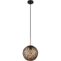 Globo Lighting Hängeleuchte Metall schwarz matt, Holz naturfarben, Kunststoff amber, Kunststoff schwarz matt, Kabel Textil Schwarz, ø: 250mm, H: 1200mm, exkl. 1x E27 LED 9W 230V