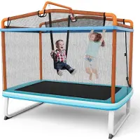 Costway 3 in 1 Kindertrampolin, Gartentrampolin rechteckig mit Schaukel, Reckstange, Fitness Trampolin mit Sicherheitsnetz & Randabdeckung, Indoor-/Outdoortrampolin 190 x 124 x 172 cm Blau + Orange