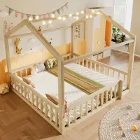 STILVORA Flachbett 90x190cm*2/180x190cm mit LED-Perlen und Hausleiste, Kinderbett mit Gitter und Sicherheitsgeländer, Schlafbett flexibel kombinierbar für Kinderzimmer Weiß