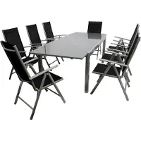 Degamo Gartenset Sitzgruppe Gartengarnitur MARINA 9-teilig, 8x Klappsessel 8-fach verstellbar, 1x Ausziehtisch mit Glasplatte 180/240x100cm), Aluminium + Kunstgewebe schwarz