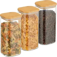 Relaxdays Vorratsgläser mit Bambusdeckel, 3er Set, eckige Vorratsdosen aus Glas, 1500 ml, luftdicht, transparent/natur