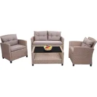Mendler XXL Poly-Rattan Garnitur MCW-F10, Balkon-/Garten-/Lounge-Set Sitzgruppe, Sofa Sessel mit Kissen Spun Poly grau-braun