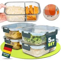Uandu Glasbehälter mit Deckel, 5- teilig, mit 2 Fächern, Meal prep Gläser, Frischhaltedosen Glas mit Deckel, Glasdosen mit Deckel Set, Meal prep Boxen