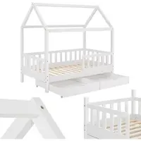 Juskys Kinderbett Marli 90 x 200 cm mit Matratze, Bettkasten, Lattenrost & Dach - Holz Weiß