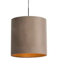 QAZQA - Landhaus I Vintage I Rustikal Hängelampe I Pendellampe I Pendelleuchte mit Samtschirm taupe mit Gold I Messing 40 cm - Combi I Wohnzimmer I Schlafzimmer - Textil Zylinder I Länglich I Rund - L