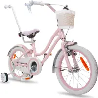 Sun baby Heart Bike Kinderfahrrad für Mädchen 16 Zoll, ab 4 Jahre, mit Stützrädern, abnehmbarer Schubstange, Korb, Klingel, Rücktrittbremse & V-Brake
