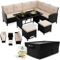 Juskys Polyrattan Lounge Manacor - Sofa, Tisch, Hocker & Kissen inkl. Abdeckung - Schwarz & Creme