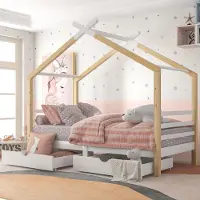 OKWISH Kinderbett 90x200cm Hausbett mit Schubladen, Massivholz mit Lattenrost, Kiefernholz Hausbett , Kinder und Jugendzimmer, weiß