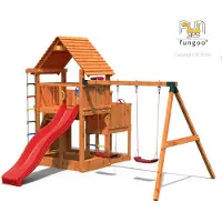 Fungoo Spielturm "Big Leader Move Red" teak mit Doppelschaukel, Rutsche, Kletterwand, Holzdach und Sandkasten