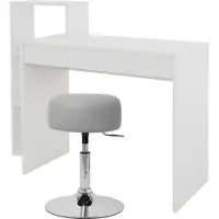 ML-Design Schreibtisch mit Sitzhocker, Weiß, Computertisch mit Regal, Polsterhocker Hocker Hellgrau, Ø33cm drehbar höhenverstellbar