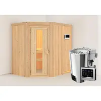Karibu Sauna Innensauna Saja Eckeinstieg Ofen 3,6 kW -Ofen externe Strg. easy 196x151x198 cm ohne Dachkranz mit Energiespartür