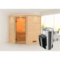 Karibu Sauna Innensauna Jella Eckeinstieg Ofen 3,6 kW intgr. Strg 224x159x191 cm mit Dachkranz