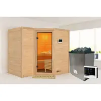Karibu Sauna Innensauna Sahib 2 Eckeinstieg Ofen 9 KW externe Strg easy 236x184x208 cm ohne Dachkranz mit Bronzierter Tür
