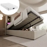 STILVORA Polsterbett 140x200cm Stauraumbett mit USB-Ladeanschluss und LED-Beleuchtung,Doppelbett mit Bettkasten Stauraum,Naturbelassen(mit Matratze)