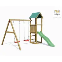 Fungoo Spielturm "Lucas" natur mit Doppelschaukel, Rutsche und Holzdach