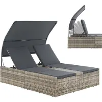 Juskys Polyrattan Doppelliege Syros - Outdoor Sonnenliege mit Dach & Auflagen - Grau-meliert