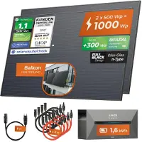 Solarway 1000Wp / 800W Balkonkraftwerk mit 1,6 kWh Speicher komplett Steckdose - 1,6 kWh Anker SOLIX 2 PRO Speicher