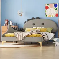 MODFU Kinderbett 140x200cm mit Matratze Flachbett Doppelbett mit Lattenrost,Jugendbett Einzelbett mit Kopfteil in Dinosaurierform,Grau