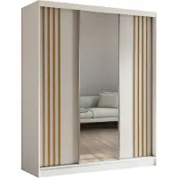 MargaretHadas24 180 cm Kleiderschrank Neli mit Lamellen und Spiegel inklusive 3 Schiebetüren Schwebetürenschrank (Farbe: weiß, weiß, Lamelle Artisan)