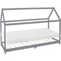 ML-Design Kinderbett 90x200 cm mit Matratze, Dach und Lattenrost, Hellgrau, Hausbett aus Kiefernholz Bodenbett Holzbett