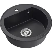 Quadron Rund Spülbecken 1-Becken Spüle | Größe: 51 x 51 x 18 cm, Ø 43 | JOHNNY 210 | Küchenspüle Granitspüle mit Siphon | Schwarz & Stahl