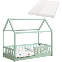 Juskys Kinderbett Marli 80 x 160 cm mit Matratze, Lattenrost & Dach - Holz Mint