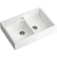 Quadron Spülbecken 2-Becken Spüle | Größe: 90 x 62 x 20,5 cm | BILL 120 | Granitspüle aus GraniteQ mit Siphon | Weiß + Stahl PVD