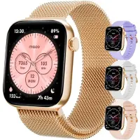 Maoo ProWatch, AMOLED Smartwatch, Roségold, Damen und Herren, Milanese-Armband, 3 Silikonarmbänder, Schrittzähler, Herzfrequenz, Roségold