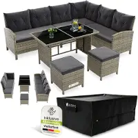 Juskys Polyrattan Lounge Manacor - Sofa, Tisch, Hocker & Kissen inkl. Abdeckung - Grau-meliert & Grau