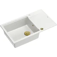 Quadron Spülbecken 1-Becken Spüle | Größe: 86 x 50 x 21 cm | EVAN 136 | Küchenspüle Granitspüle aus GraniteQ mit Siphon | Weiß & Golden