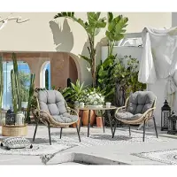 Happy Home Gartenmöbel Set 3tlg Rattan mit Sitzkissen grau robustes Dining Set für Balkon Terrasse Garten