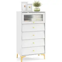 Costway Kommode mit 4 Schubladen, moderner Aufbewahrungsschrank mit hochklappbarer geriffelter Glastür, Schubladen, goldenen Metallbeinen & Kippschutz