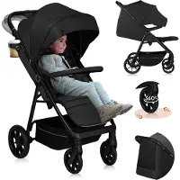 Lionelo Buggy MIRA bis zu 22 kg, Schwenkbare 360° Räder, UPF50+ Filter, Wasserdichtes XXL-Verdeck Schwarz