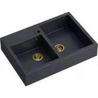 Quadron Spülbecken 2-Becken Spüle | Größe: 90 x 62 x 20,5 cm | BILL 120 | Granitspüle aus GraniteQ mit Siphon | Schwarz metallic + Gold PVD