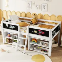STILVORA Kinderbett 90x200 Ohne Matratze Holzbett Jugendbett Einzelbett mit mehreren Lagerregalen,Geländer und Leiter,Halbhohes Bett mit Rausfallschutz,Weiß
