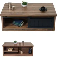 MCW Couchtisch MCW-K75, Beistelltisch Wohnzimmertisch, Schiebetüre 6 Staufächer, Holz-Optik Metall 44x120x60cm braun