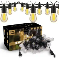 Homezie Lichterkette | 26 Meter mit 50 Kunststoff S14 LED-Birnen | IP65 Wasserdicht | Warmweiß | Verkettbar & Dimmbar | Gartenbeleuchtung