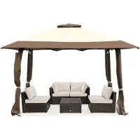 Costway Pavillon 4x4m, Pop up Faltpavillon mit Doppeldach, Tragetasche & Rollen, Gartenpavillon Partyzelt wasserdicht, stabil, UV-Schutz 50+ Braun