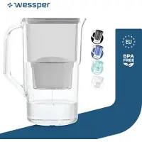 Wessper Wasserfilterkanne 2.8 L Kompatibel Mit Brita Maxtra, Wasser Filtersystem zur Reduzierung von Kalk, Chlor | + 1x Wasserfilter Grau