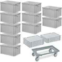 BRB-Lagertechnik 10 Euroboxen, LxBxH 600x400x320 mm,grau + 10 Scharnierdeckel + 1 Transportroller