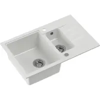 Quadron Spülbecken 1,5-Becken Spüle | Größe: 78 x 50 x 20 cm | PETER 156 | Küchenspüle Granitspüle aus GraniteQ mit Siphon | Weiß & Stahl