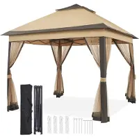 Yaheetech Gartenpavillon 3,3 x 3,3 m Pop Up Gartenlaube Doppeldach Stabil Wasserdicht höhenverstellbar Pavillon mit 4 Netzwänden, Hinterhof-Pavillon für Garten Hof Terrasse