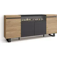 Skraut Home Sideboard, Highboard, 200x35x87cm, 4 Türen, Elektrokamin. Industriedesign, Eiche und Schwarz