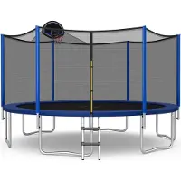 Costway Ø366cm Trampolin mit Basketballring, Sicherheitsnetz Gartentrampoline mit Reißverschluss und Schnallen, 7 Stangen, Netzhöhe 180 cm