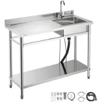 Vevor Spültisch Spülbecken Edelstahl (120 x 50 x 94 cm), Einzelbecken mit Wasserhahn & Ablage, Küchenspüle für Garage Restaurant Wäscherei, Waschtisch Außenspüle mit Arbeitsplatte (links)